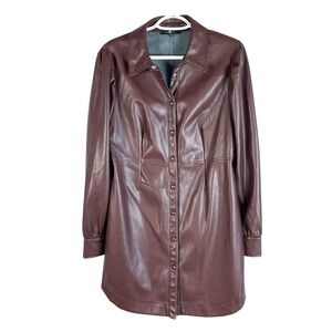 7 For All Mankind Womens Long Faux Leather Jacket Medium Brown Snaps Lined Vegan